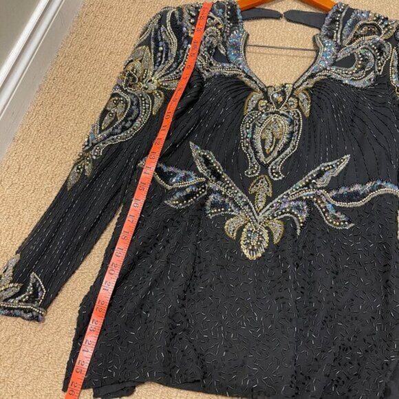 Vintage Tan-Chho Beaded Sequin Pure Silk Top Black Gold – M - Picture 13 of 15